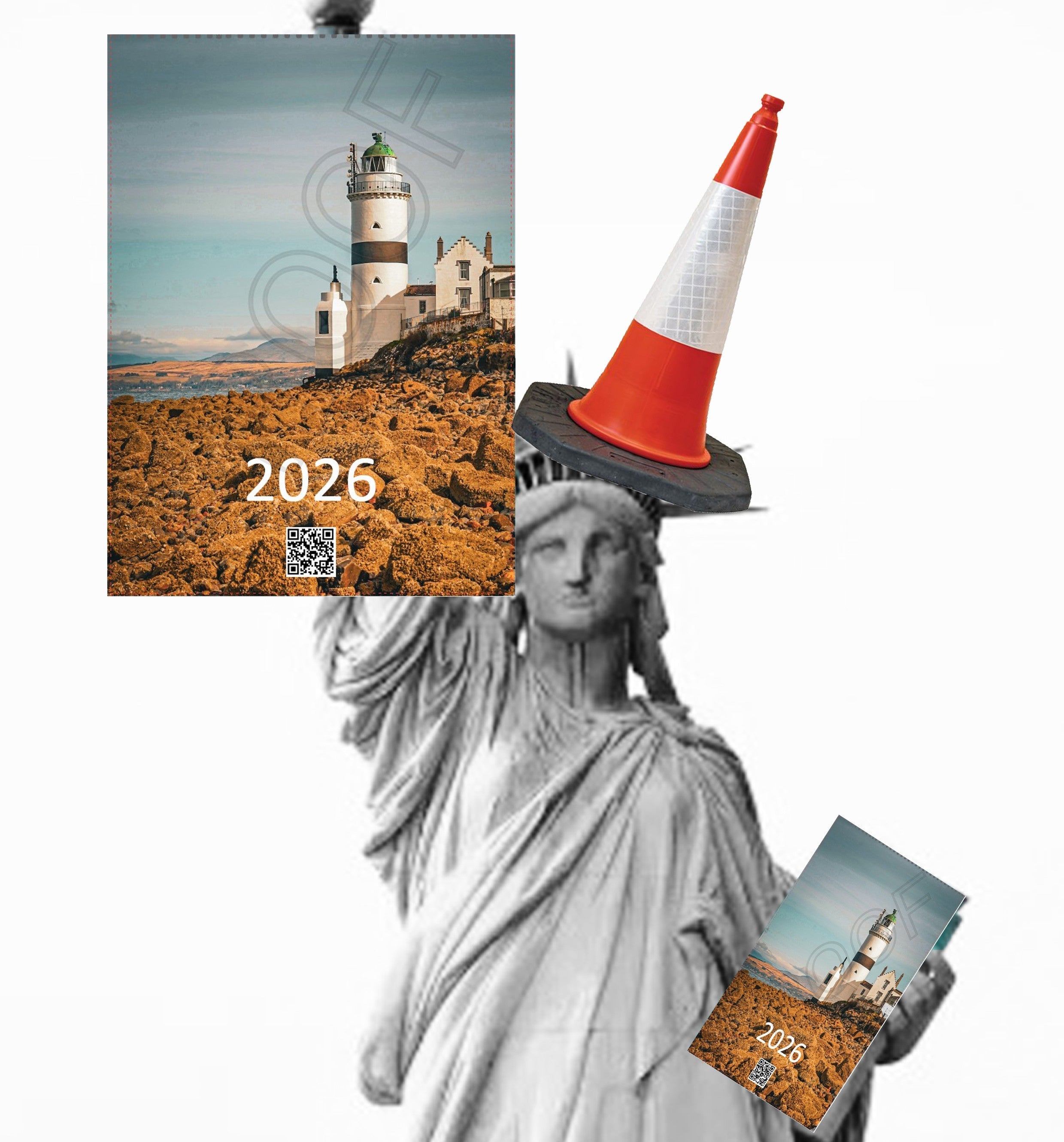 Statue of Liberty with a traffic cone hat holding the Scotland in Frame 2026 calendar