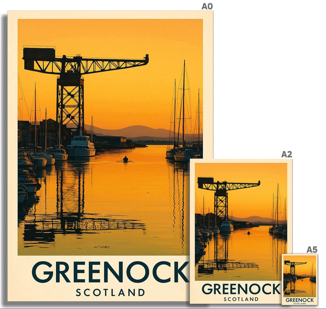 Golden Hour at Titan vintage travel poster showing the iconic Titan Crane overlooking James Watt Dock Marina in Greenock during golden hour.