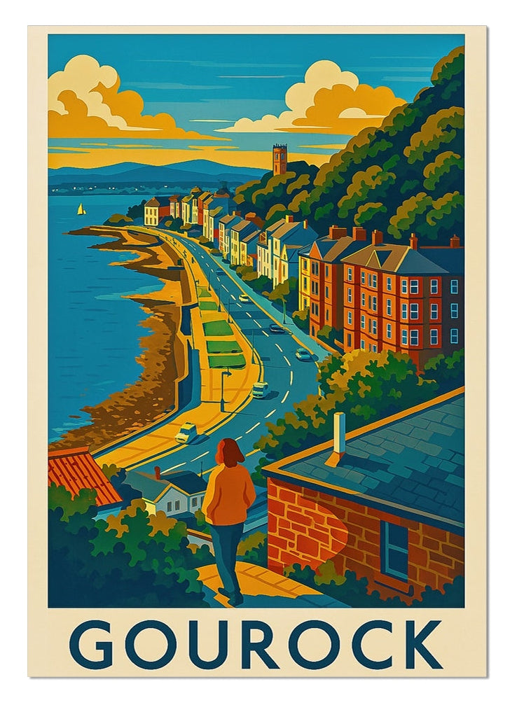 Vintage Travel Style poster of someone looking across Ashton and the esplanade in Gourock.