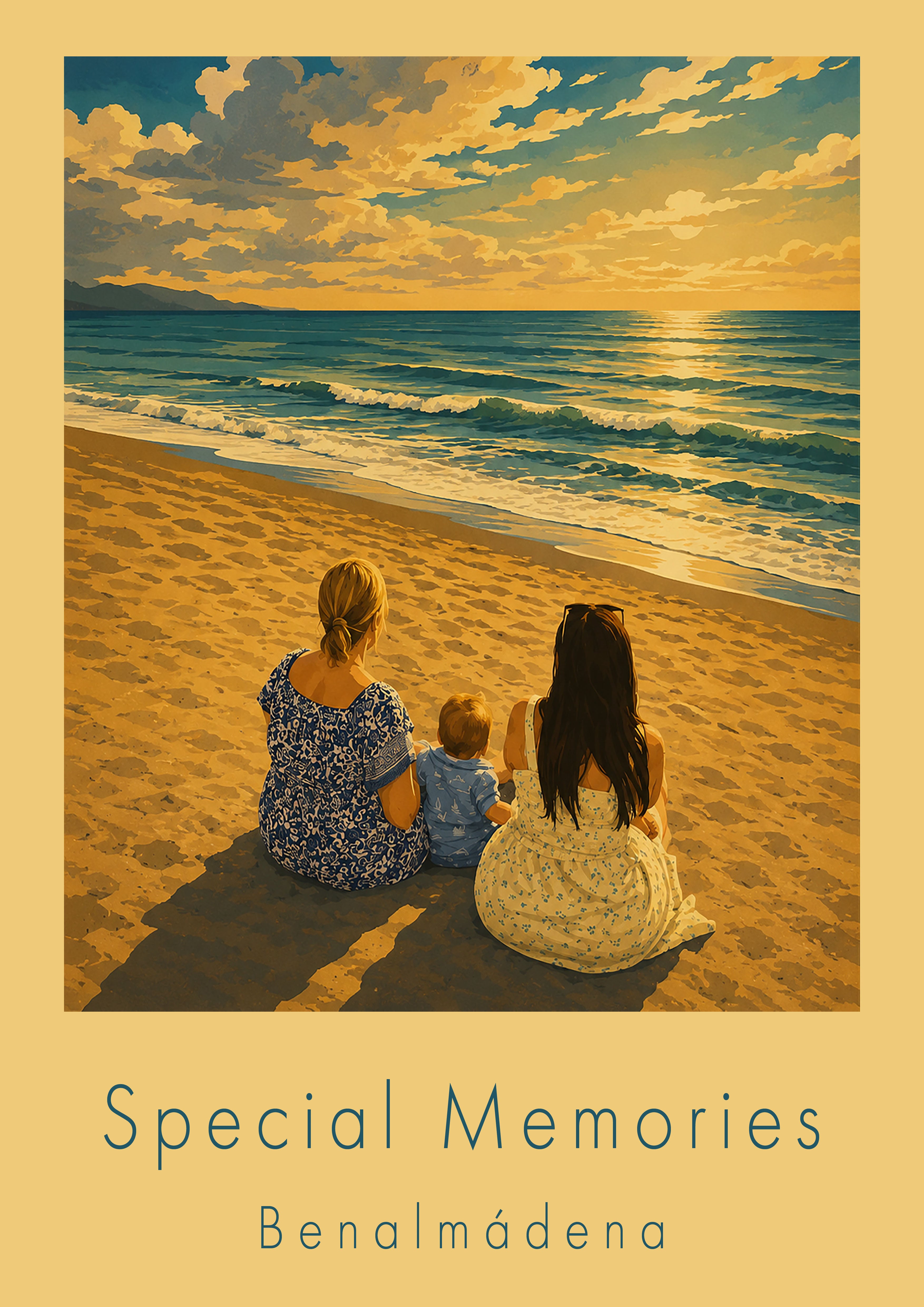 Benalmadena beach with three generations of family, commission to convert a photograph into a vintage travel style image.