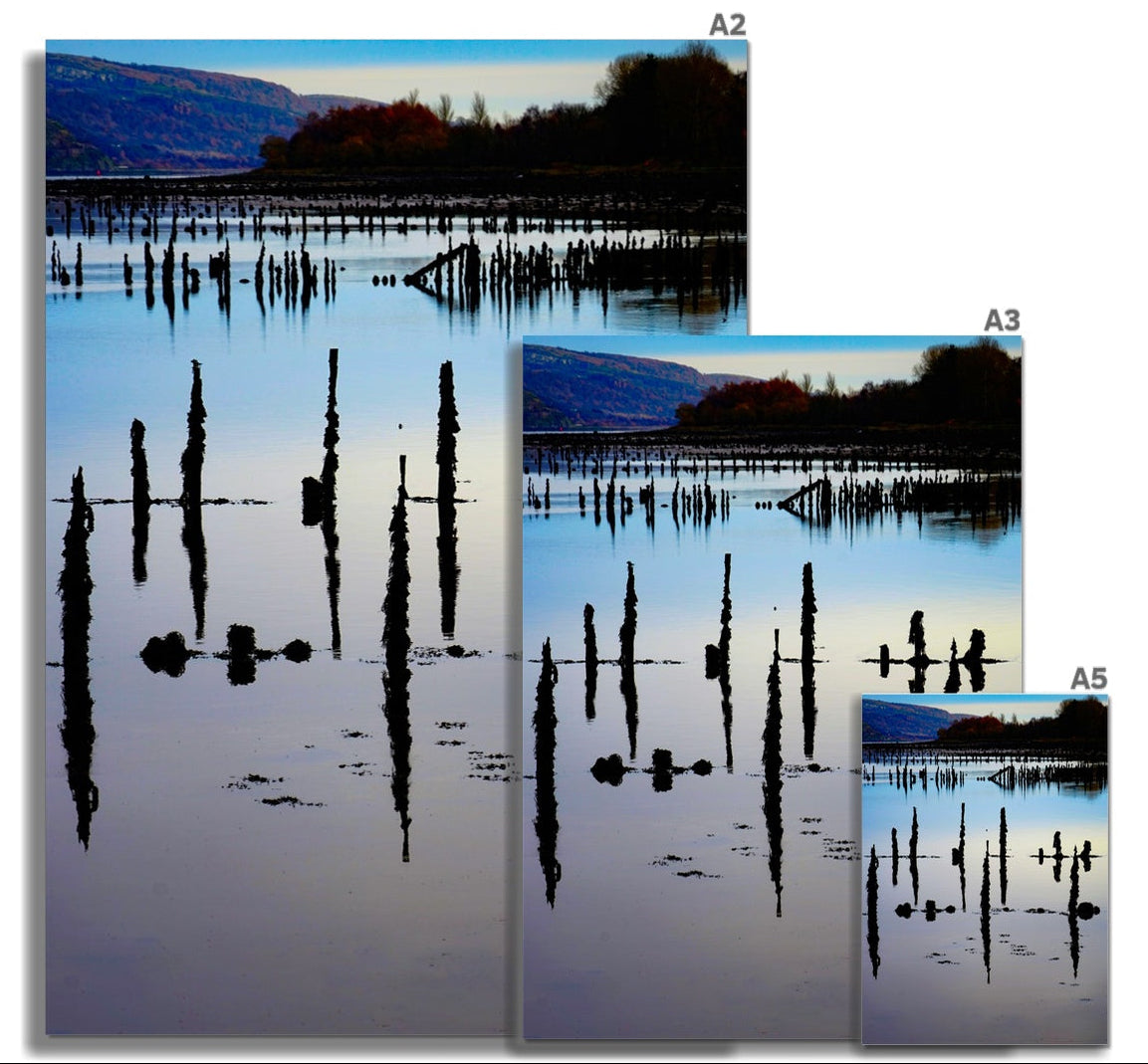 Fine art photograph of the historic Timber Ponds in Port Glasgow, with weathered timber piles reflected in the calm waters of the River Clyde.