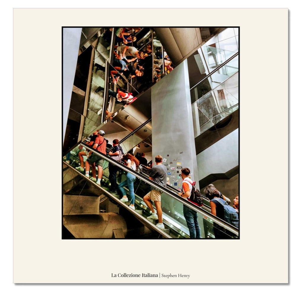 Fine art travel photograph of an escalator reflective shot in Naples, Italy, part of the La Collezione Italiana wall art collection.