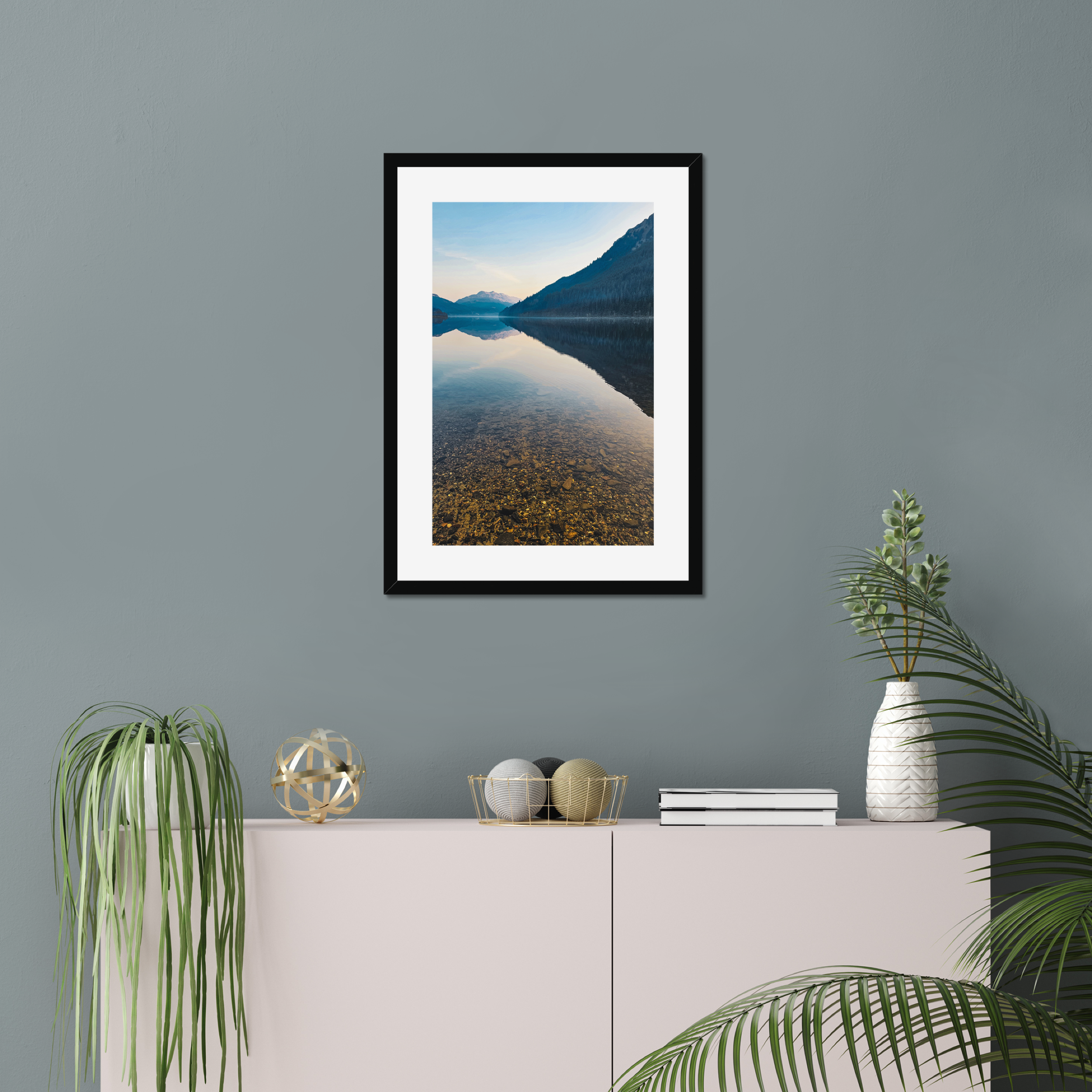 Before the Breeze at Loch Eck – fine art photograph of calm reflections on Loch Eck during a still spring afternoon in the Scottish Highlands. Mocked up with a black frame.
