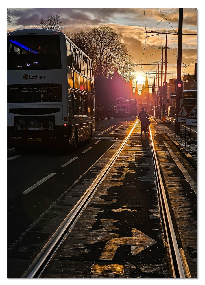 Edinburgh Princes Street tramlines at sunset with golden light reflecting on wet streets, fine art photography print.