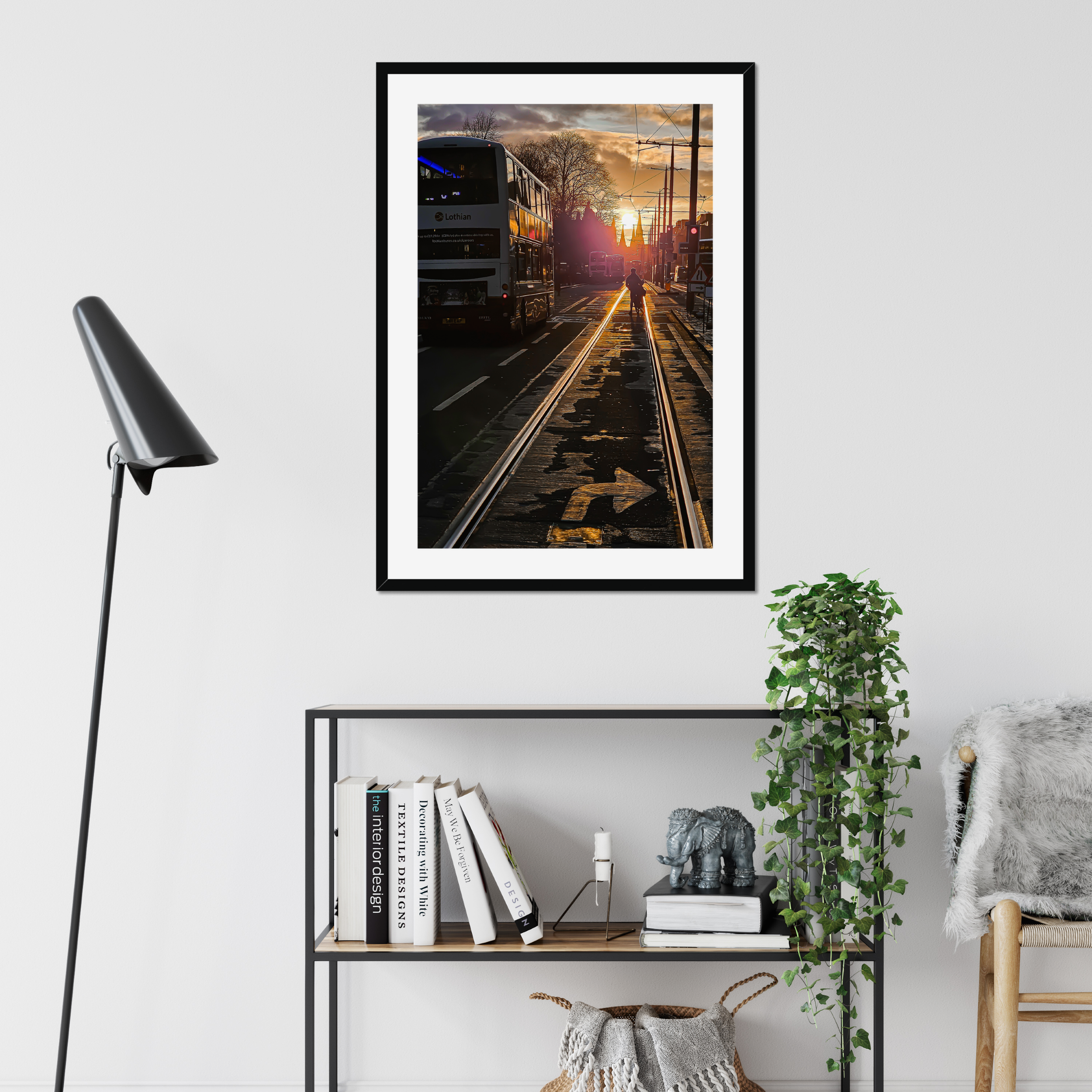 Edinburgh Princes Street tramlines at sunset with golden light reflecting on wet streets, fine art photography print