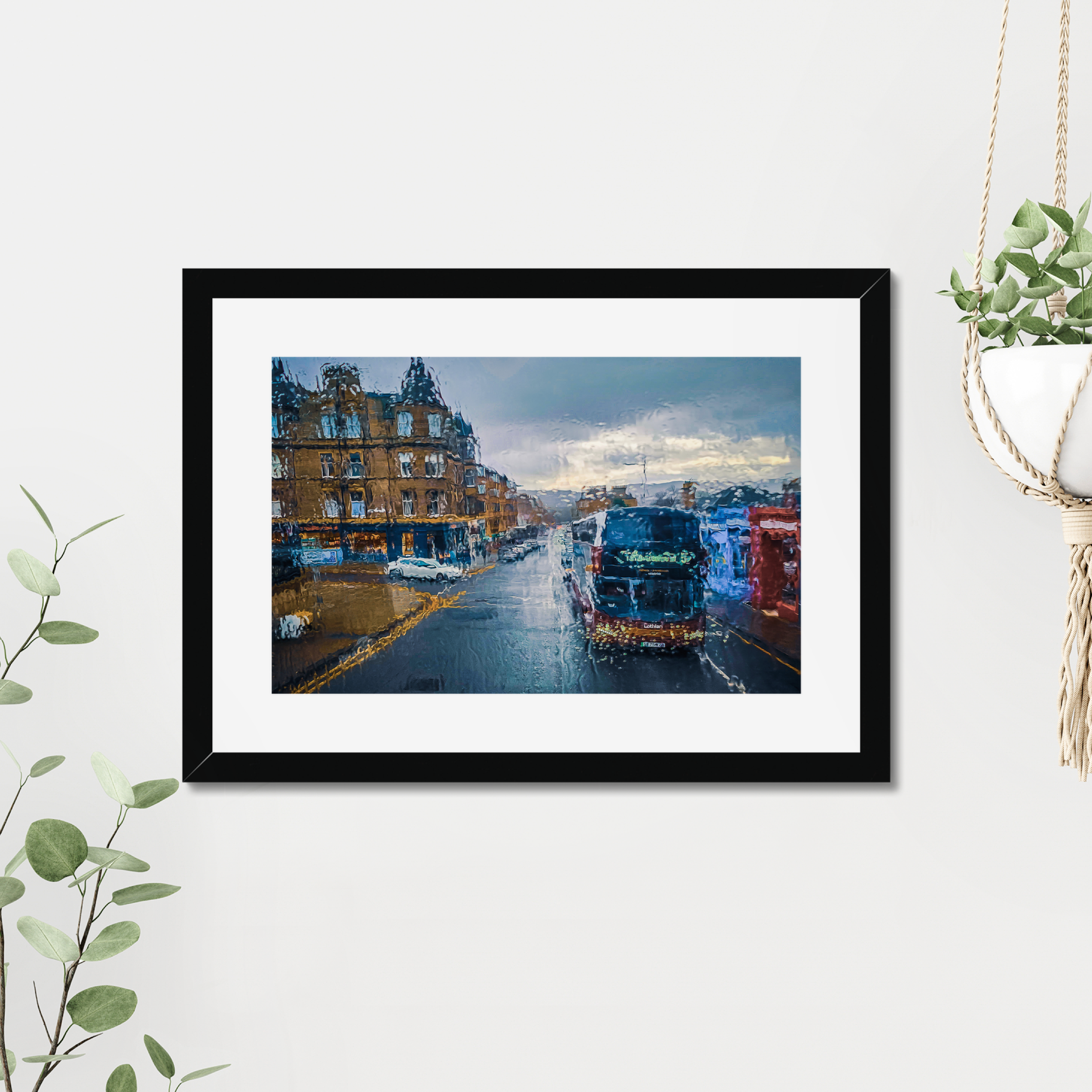 Morningside, Edinburgh seen through rain-streaked glass, captured in atmospheric light in this fine art photography print from the Light & Shadow collection.