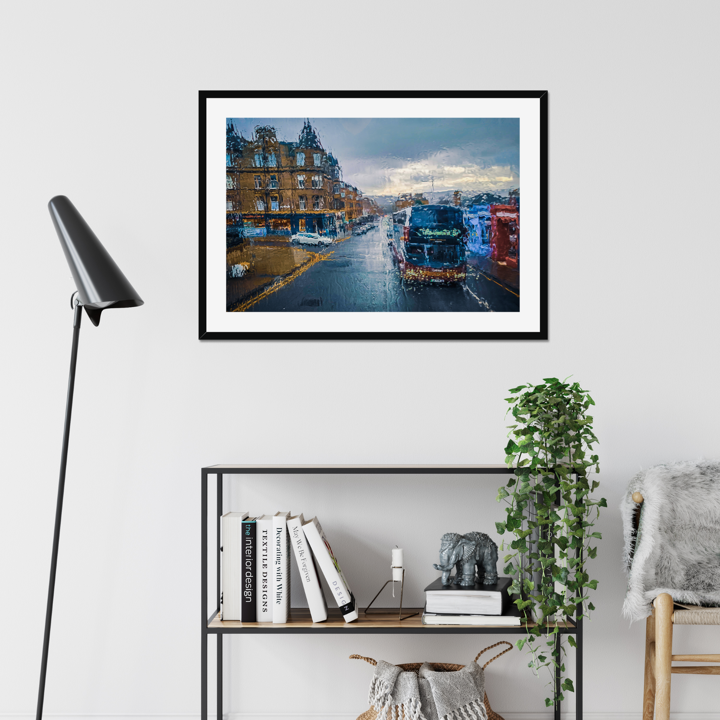 Morningside, Edinburgh seen through rain-streaked glass, captured in atmospheric light in this fine art photography print from the Light & Shadow collection.