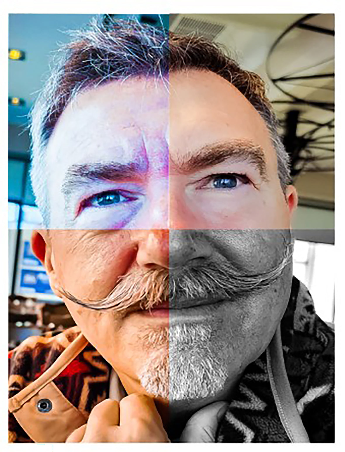 Split image of me with a beard and moustache, one side coloured and the other black and white.