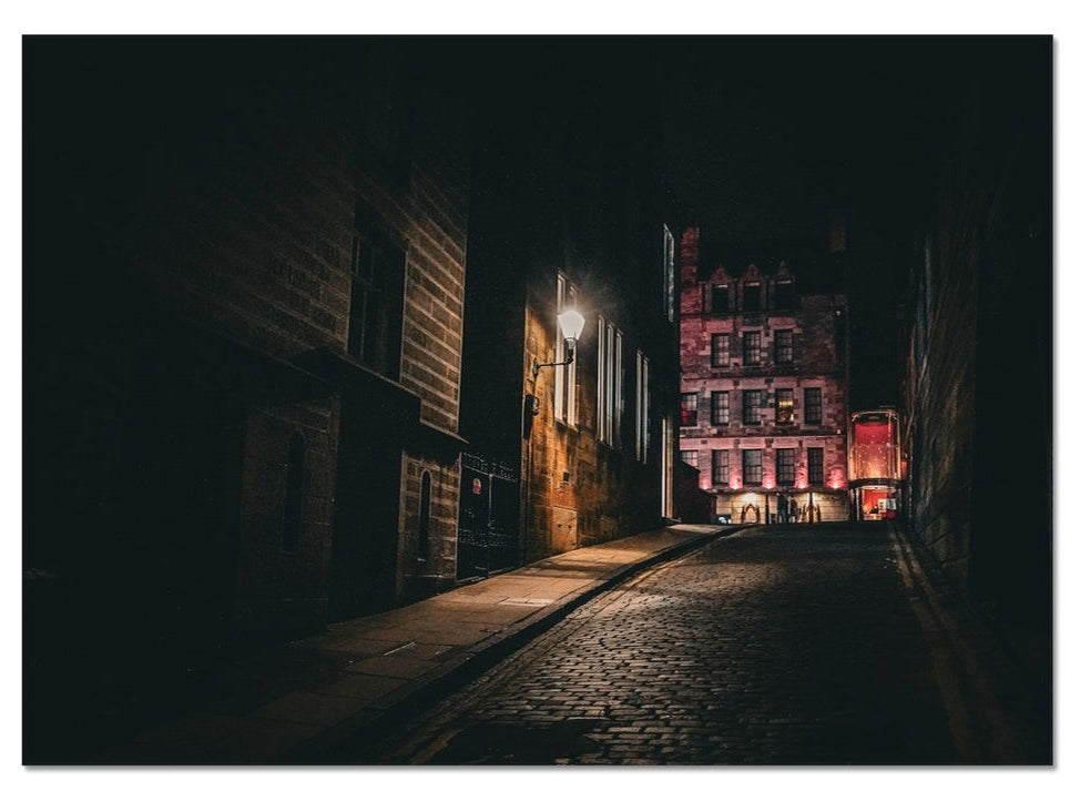 The approach to The Witchery on Edinburgh’s Royal Mile, captured in shifting light and shadow in this atmospheric fine art photography print.