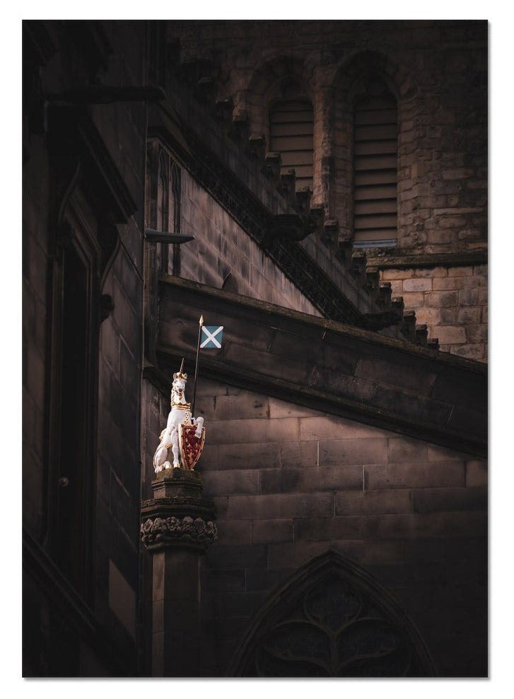 The unicorn sculpture beside St Giles’ Cathedral on Edinburgh’s Royal Mile, captured in atmospheric fine art photography from the Light & Shadow collection.