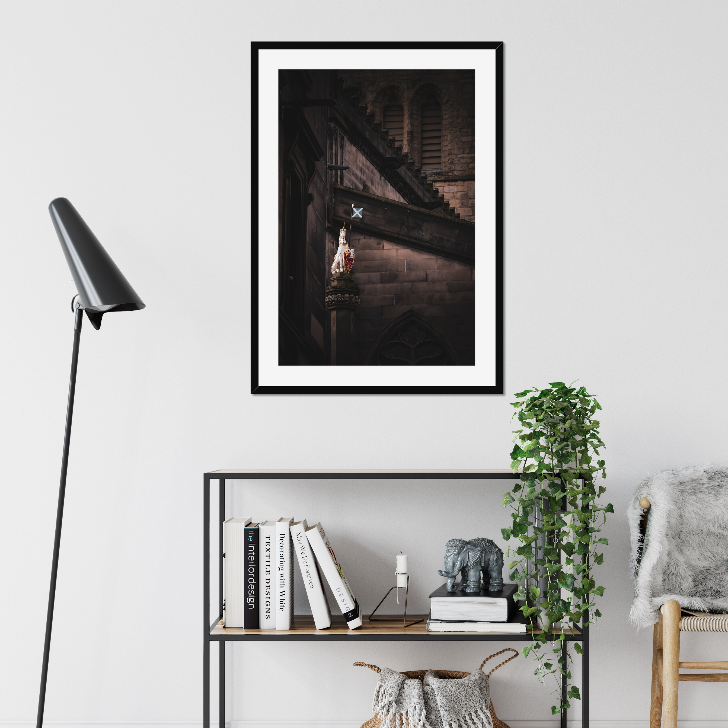 The unicorn sculpture beside St Giles’ Cathedral on Edinburgh’s Royal Mile, captured in atmospheric fine art photography from the Light & Shadow collection.